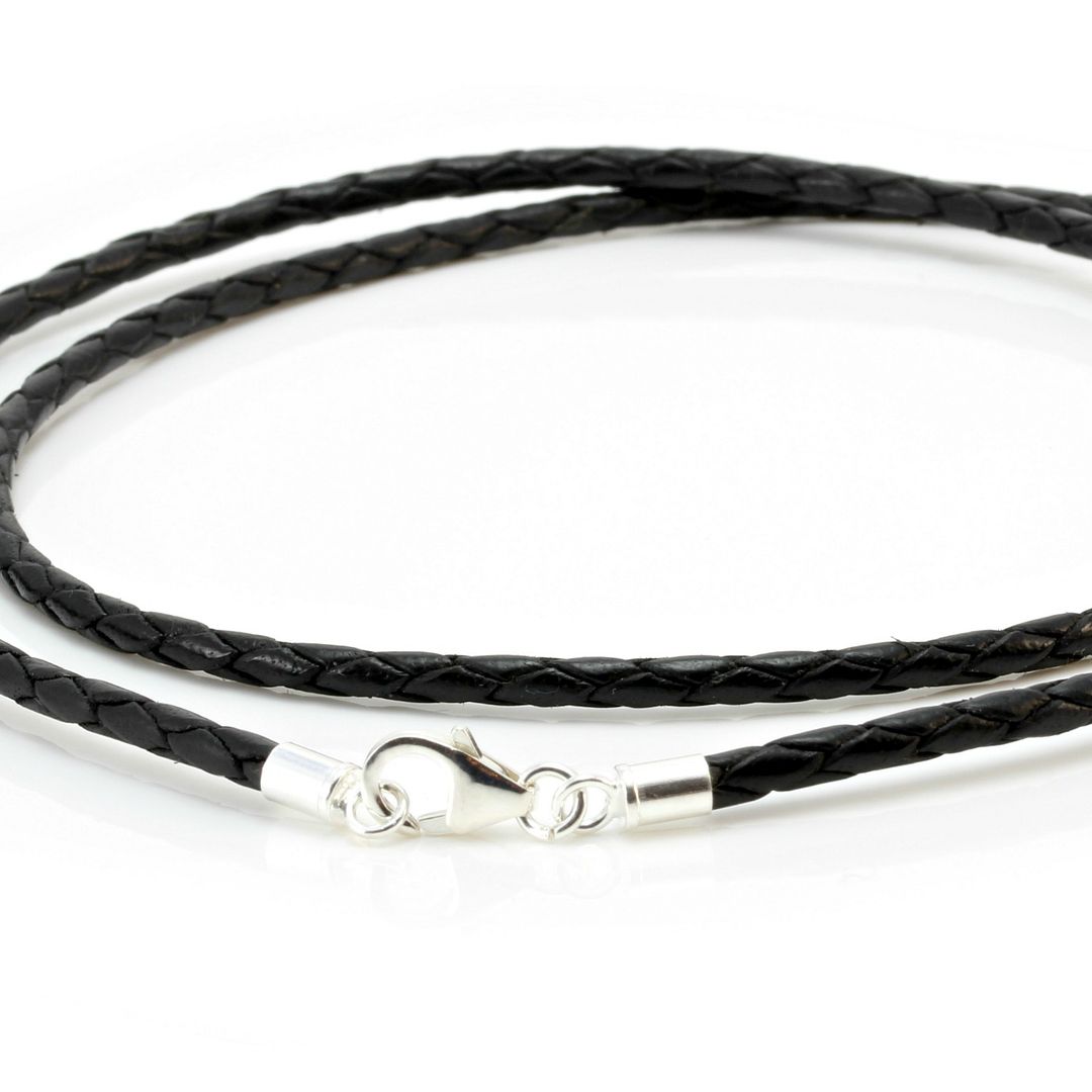 Mens/Ladies Black Leather Necklace-925 Sterling Silver Clasp-3mm ...