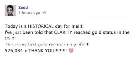 Zedd's facebook status announcing the good news